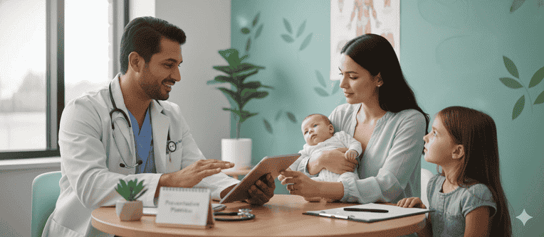 Family medicine provider discussing care with a mother holding a newborn and an older child.