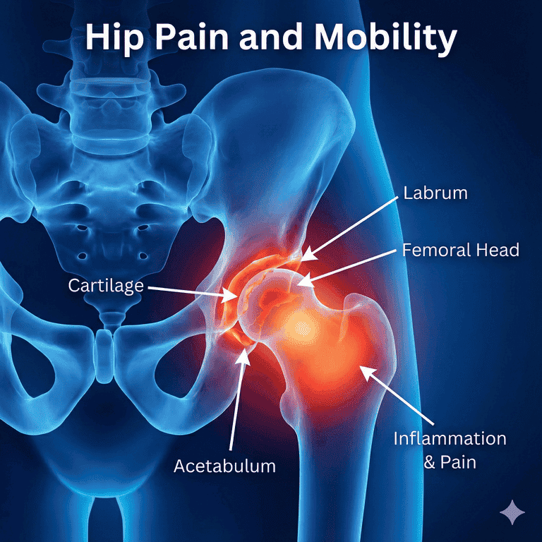 Hip joint pain and mobility diagram showing cartilage labrum and femoral head treated with non-surgical methods in Lansing MI