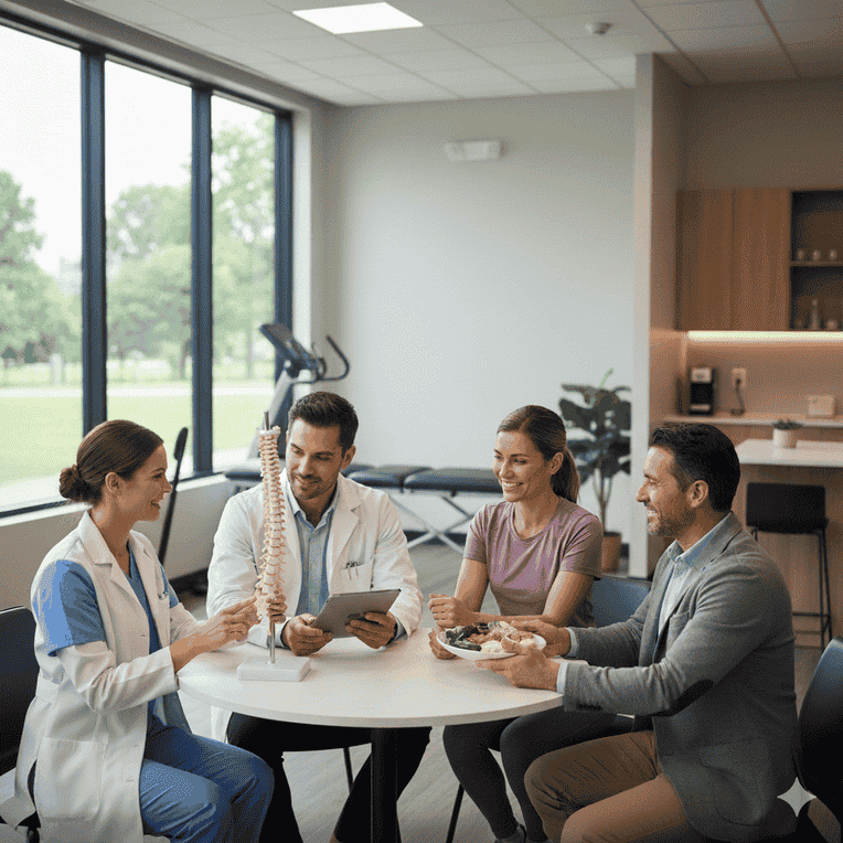 Integrated care team of medical, chiropractic, and nutrition providers meeting with two patients and reviewing a spine model, representing whole-person wellness at Gilead Healing Center in Lansing, MI.