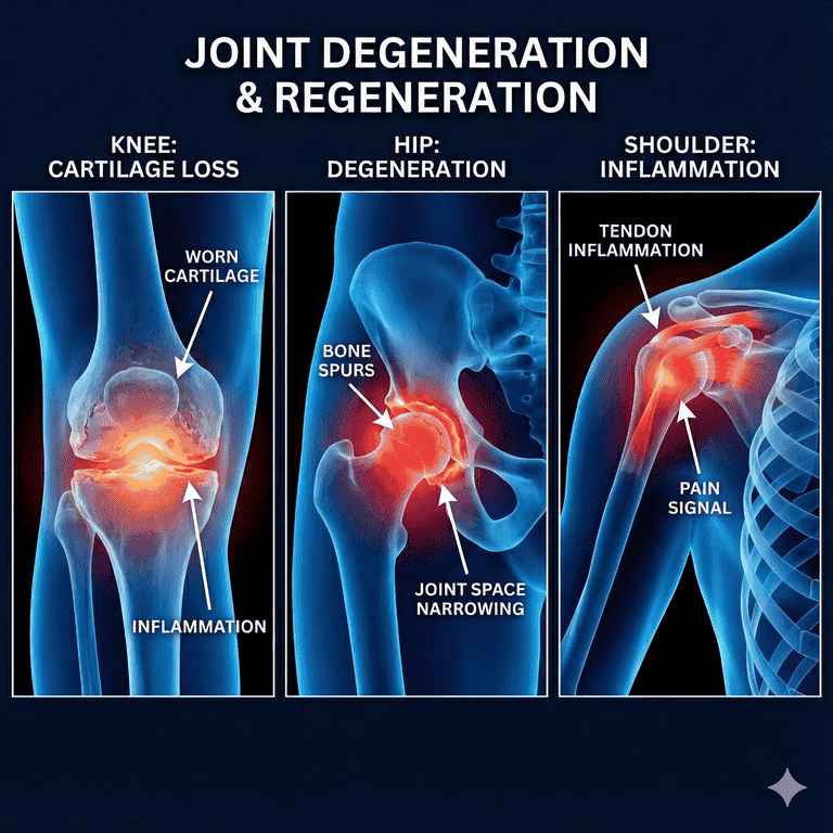 Joint degeneration and regeneration diagram showing knee, hip, and shoulder treated with non-surgical methods in Lansing MI