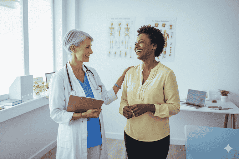 Female healthcare provider smiling and speaking with an older woman during a wellness appointment, representing new patient chiropractic care at Gilead Healing Center in Lansing, MI.