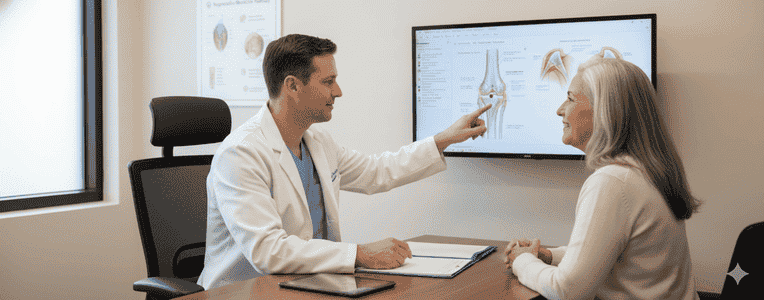 Medical provider reviewing joint imaging with patient.